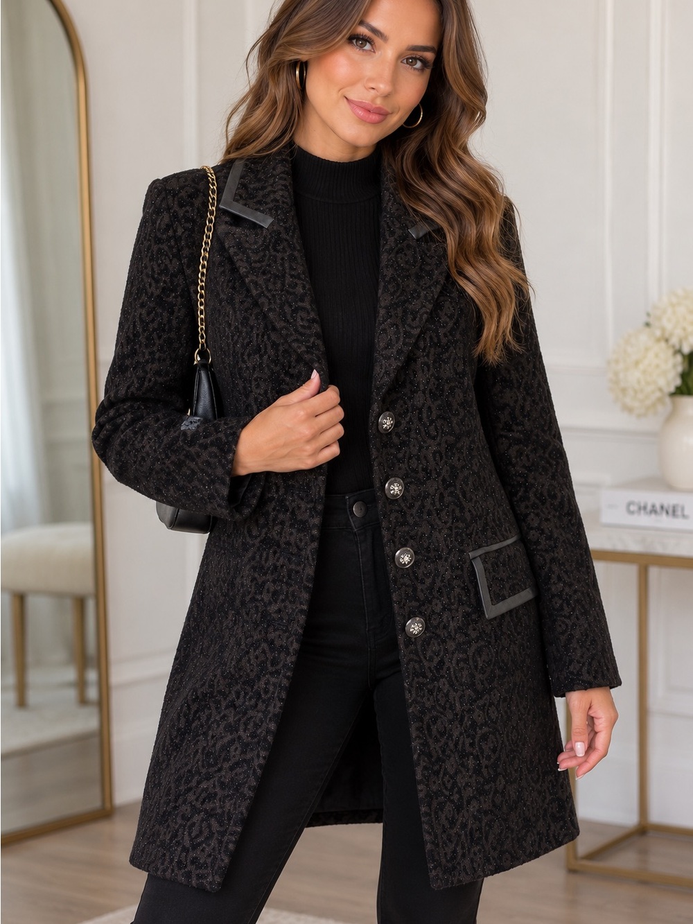 Shan Rong Shi Black Jacquard Long Blazer Coat Metallic Detail Size 15